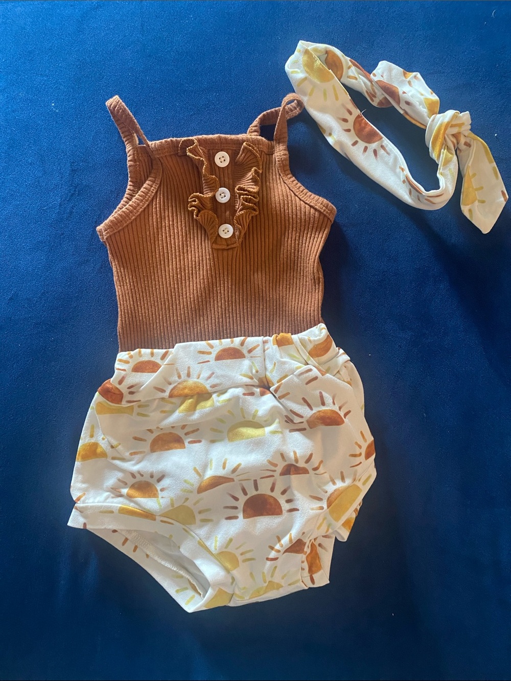 Baby set with sunshine bloomers, brown onesie and headband